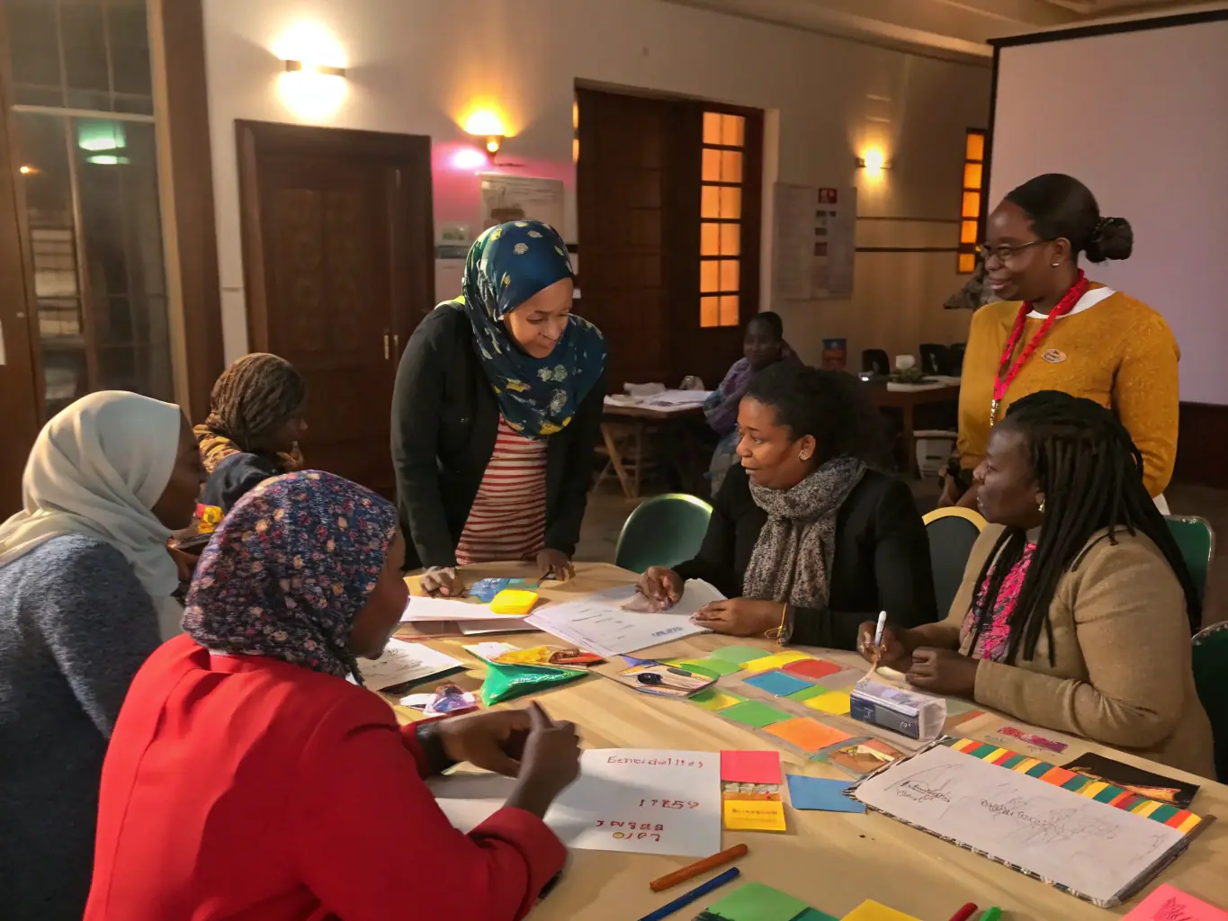 A diverse group of Indian women participating in a leadership workshop, showcasing the practical and interactive nature of oceanplanet.fun's coaching services.