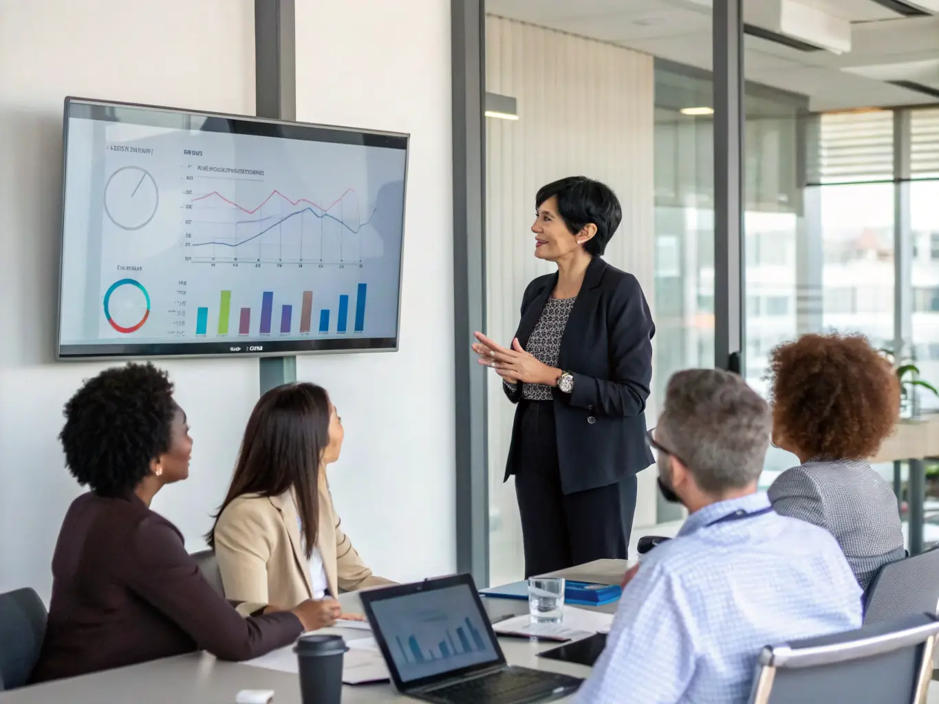 An empowering image of a confident Indian woman leading a team in a corporate setting, symbolizing the impact of the Leadership Development Program.