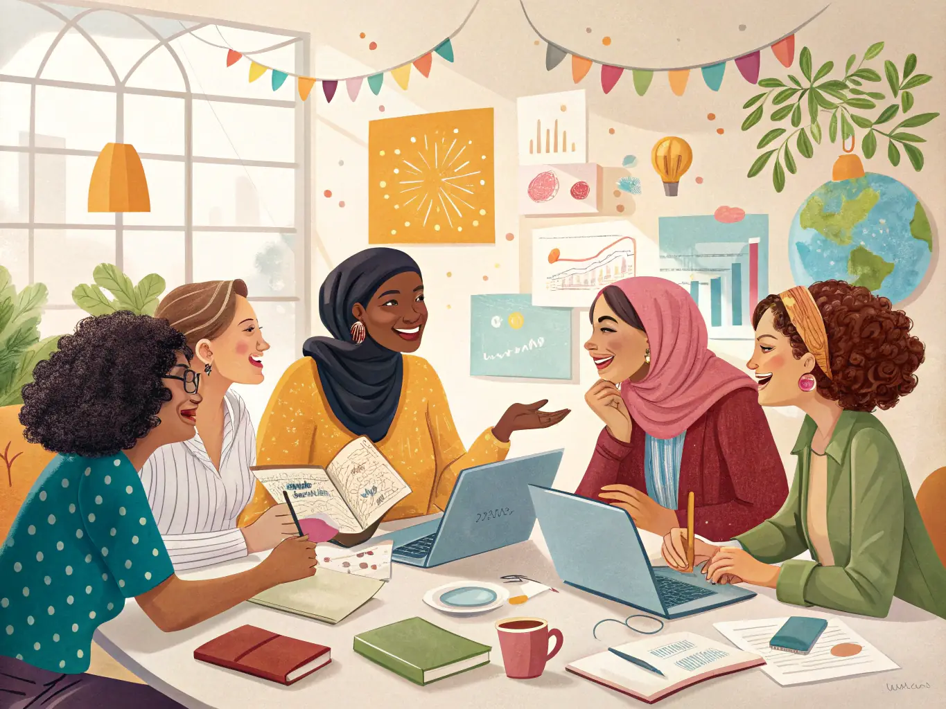 A group of women professionals engaging in a lively mentorship session, highlighting the collaborative and supportive environment of the Mentorship & Networking program.