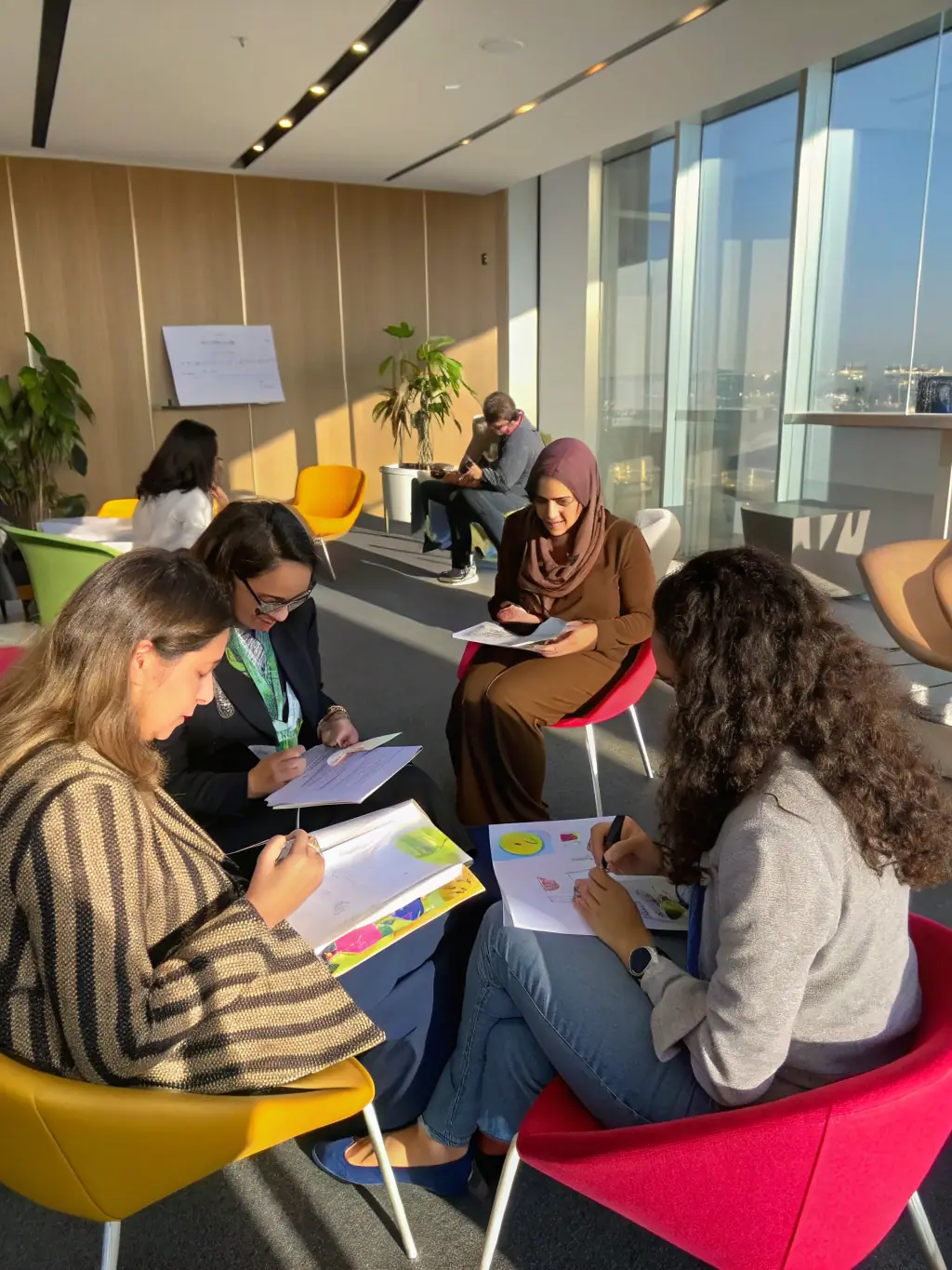 A diverse group of women participating in a leadership workshop, actively engaging in discussions and collaborative exercises.
