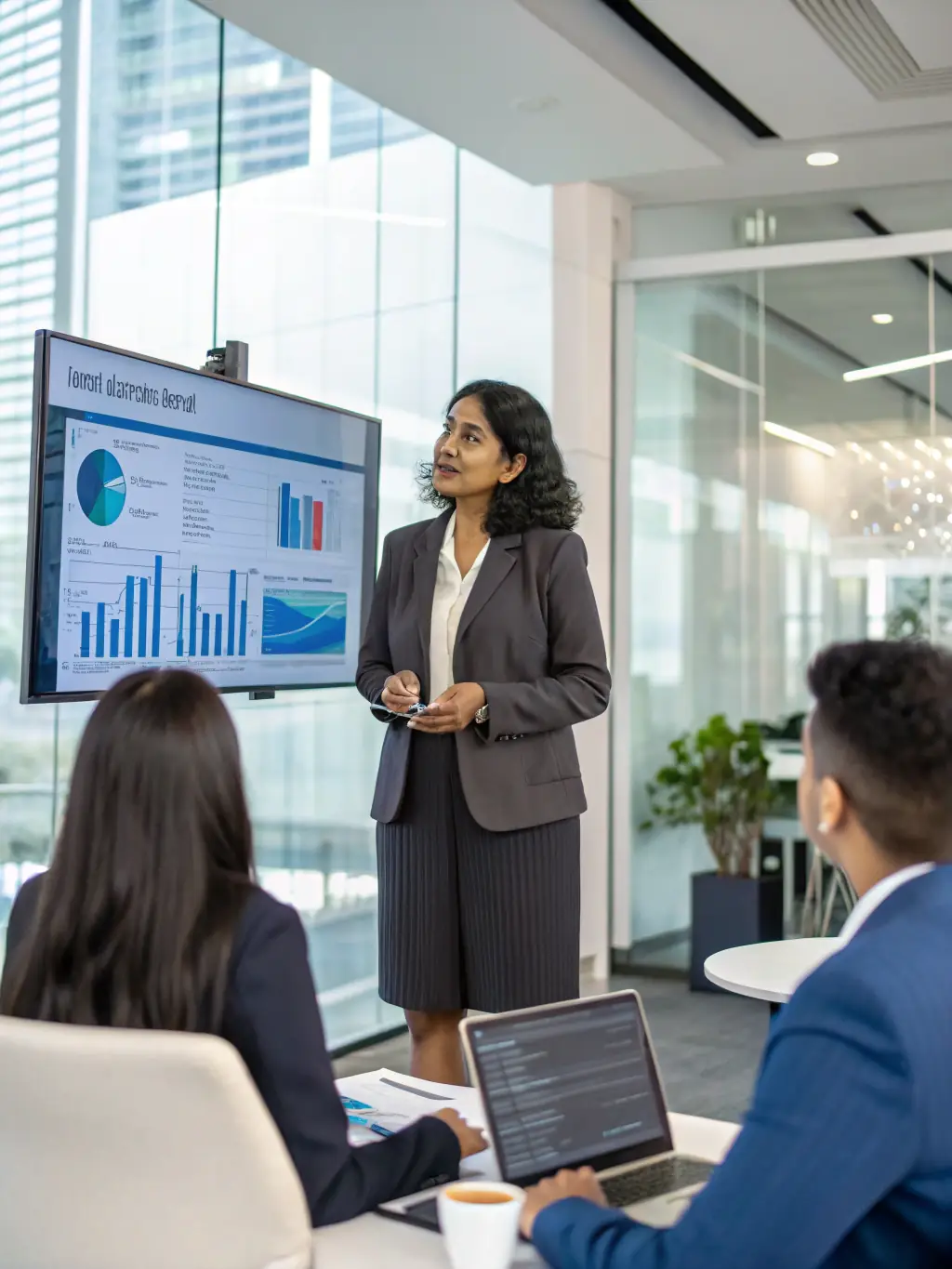 A professional woman confidently leading a team meeting in a modern office setting, showcasing her leadership skills and inspiring her colleagues.